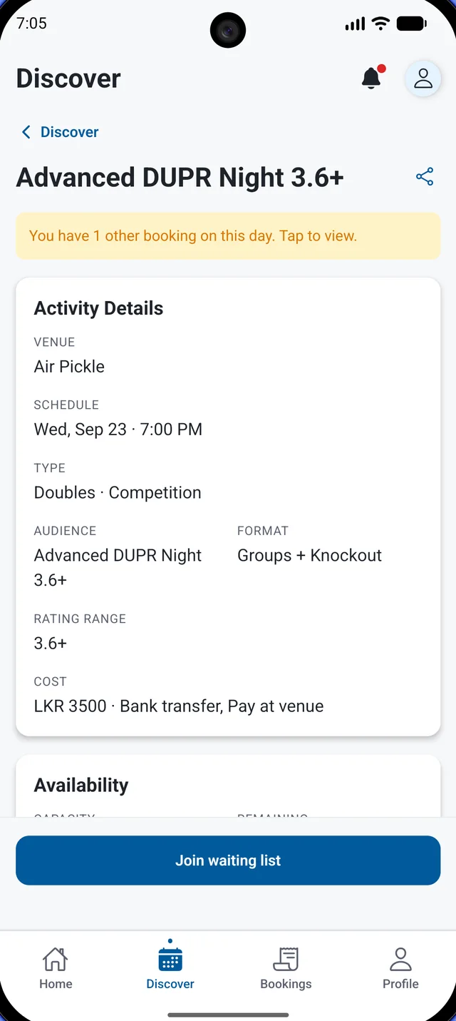 Elnexa activity detail and waiting list screen