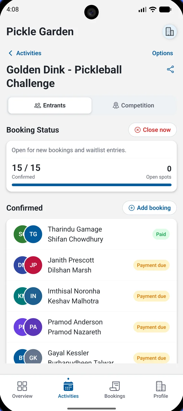 Elnexa activity entrants and booking status screen